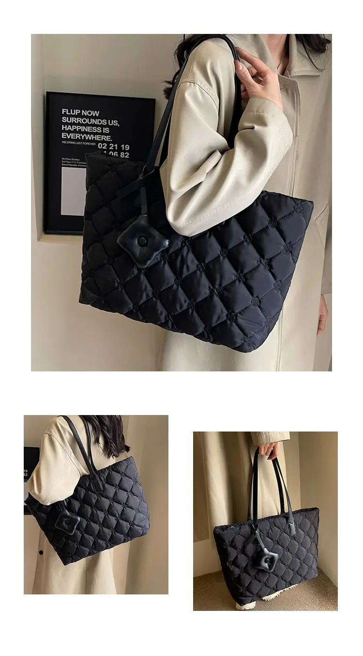 Women Quilted Cotton Commuter Bag Black Large Capacity — feature 18