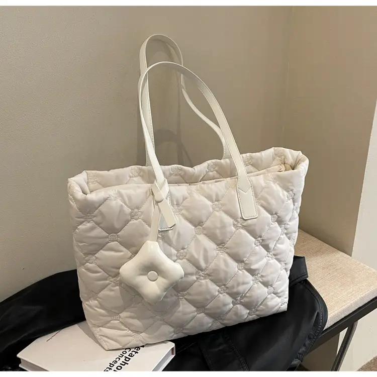 Women Quilted Cotton Commuter Bag Black Large Capacity - Image 2