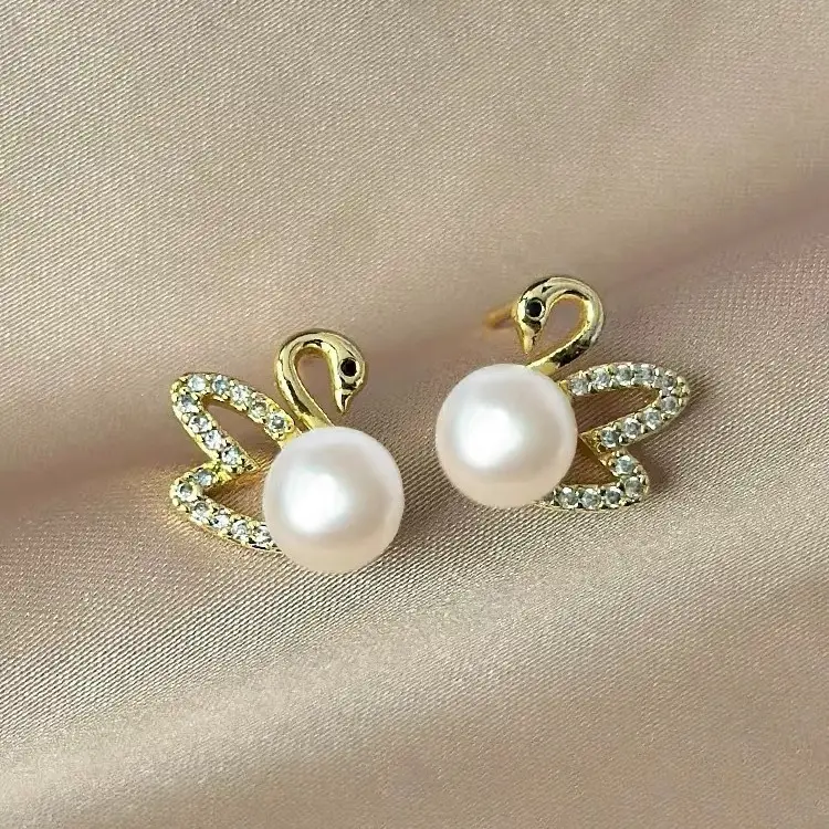 2024 New S925 Silver Needle Gold Plated Little Swan Pearl Earrings - Image 7