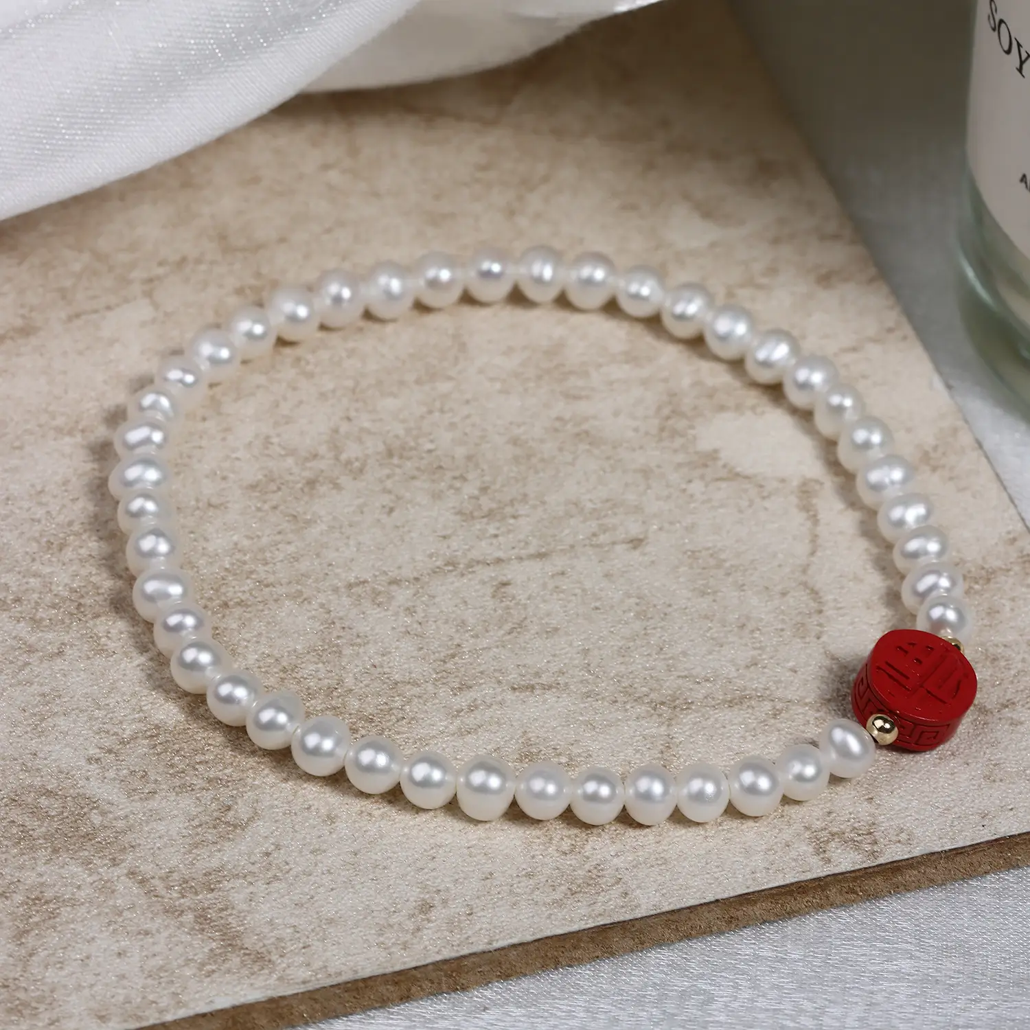 Fu Small Lotus Cinnabar Pearl Bracelet Red Redress - Image 4