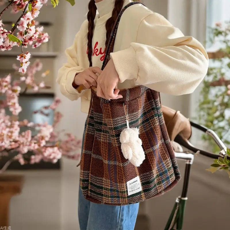 Korean Style Woolen Plaid Drawstring Backpack for Women - Image 7