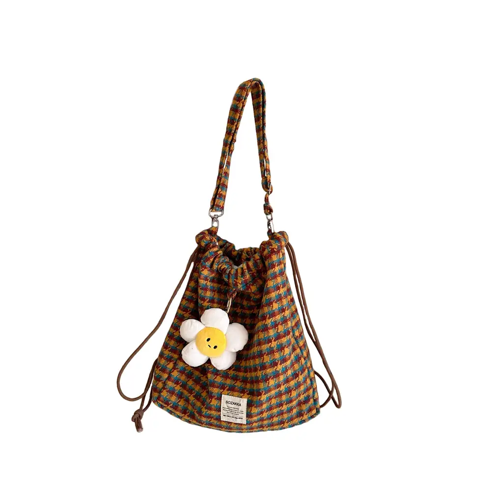 Korean Style Woolen Plaid Drawstring Backpack for Women - Image 11