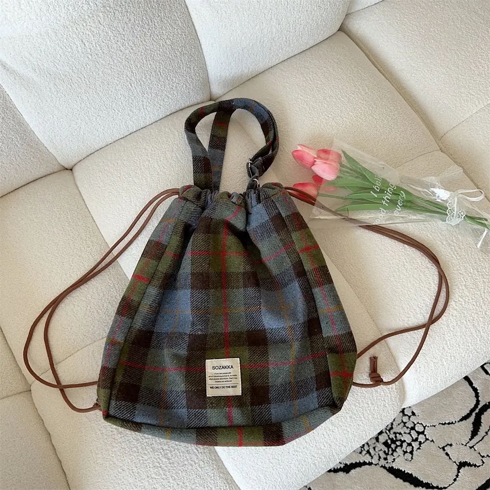 Korean Style Woolen Plaid Drawstring Backpack for Women - Image 2