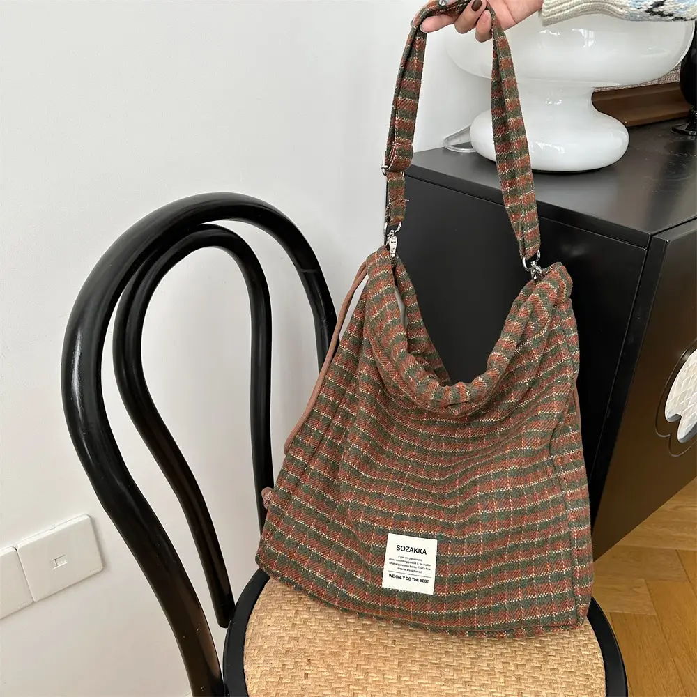 Korean Style Woolen Plaid Drawstring Backpack for Women - Image 3