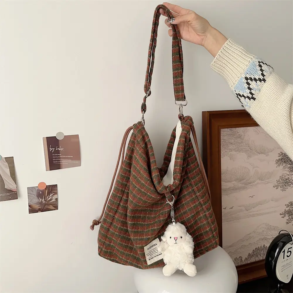 Korean Style Woolen Plaid Drawstring Backpack for Women - Image 6