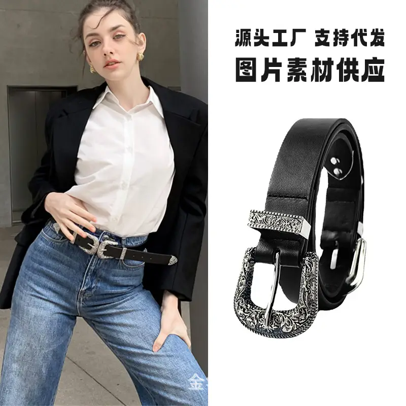 Women's Black Cross-Border Belt with Crystal Buckle
