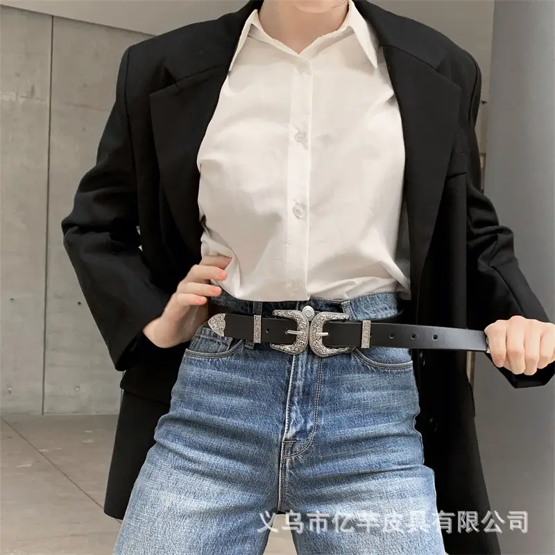 Women's Black Cross-Border Belt with Crystal Buckle — feature 6