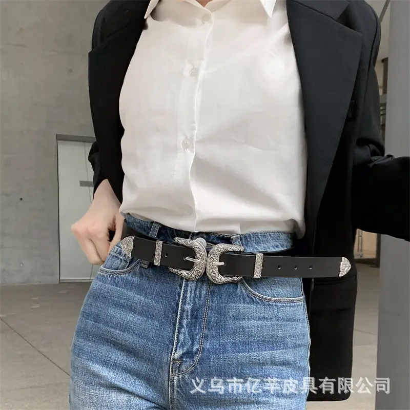 Women's Black Cross-Border Belt with Crystal Buckle — feature 7