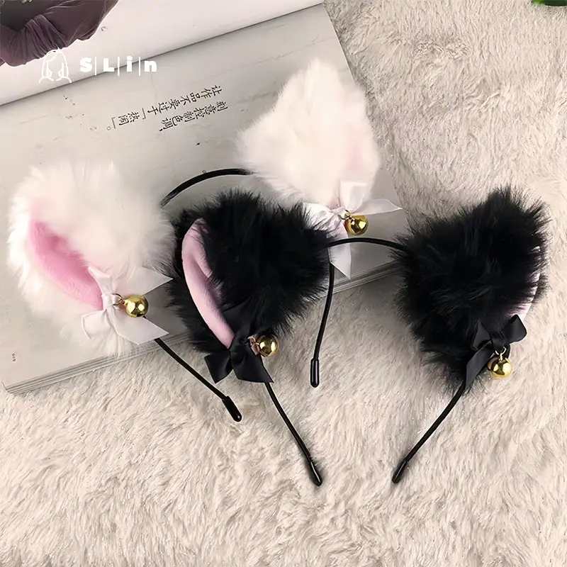 Black Faux Fur Cat Headband with Bell and Bow - Image 5