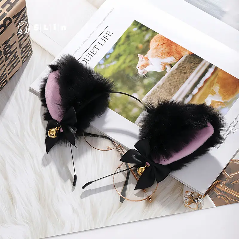 Black Faux Fur Cat Headband with Bell and Bow - Image 6