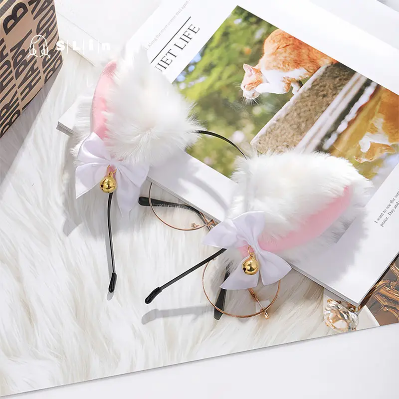 Black Faux Fur Cat Headband with Bell and Bow - Image 7