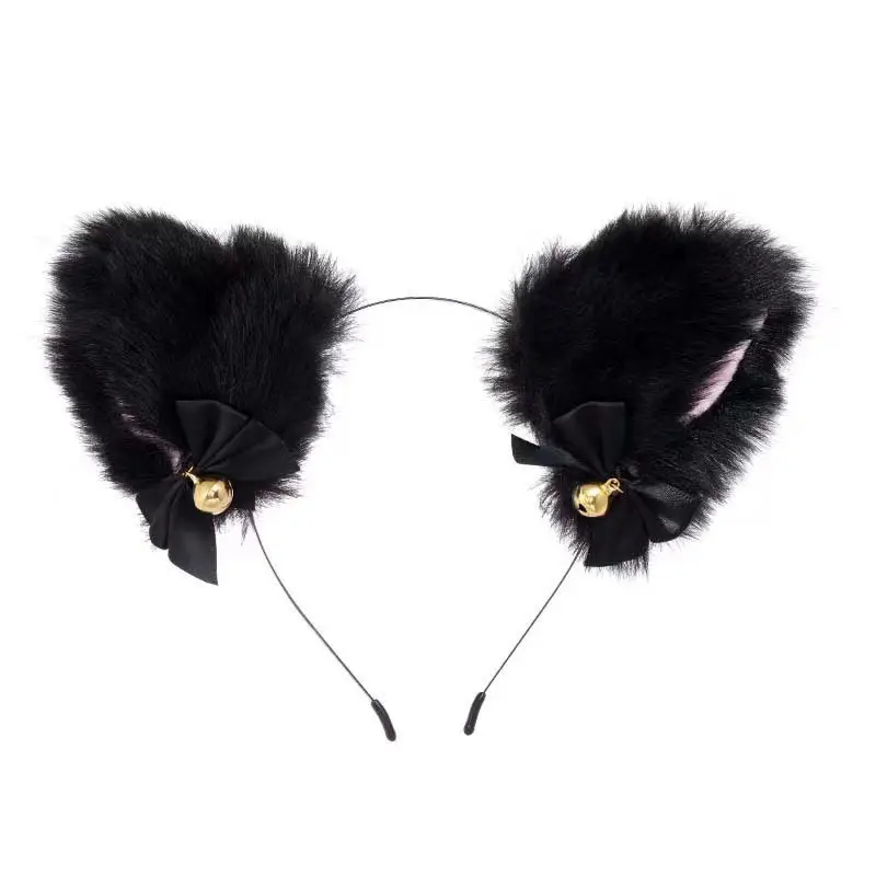 Black Faux Fur Cat Headband with Bell and Bow - Image 8