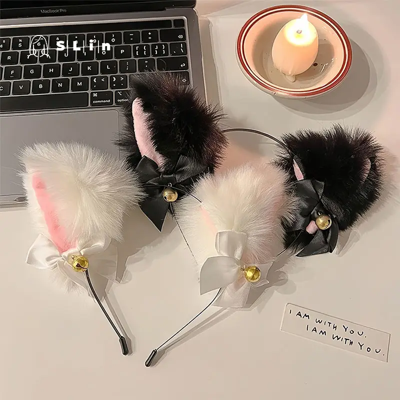 Black Faux Fur Cat Headband with Bell and Bow — feature 11