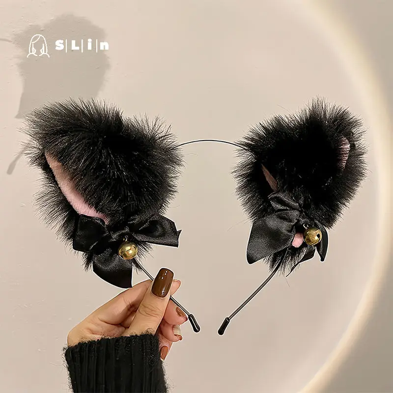 Black Faux Fur Cat Headband with Bell and Bow — feature 13