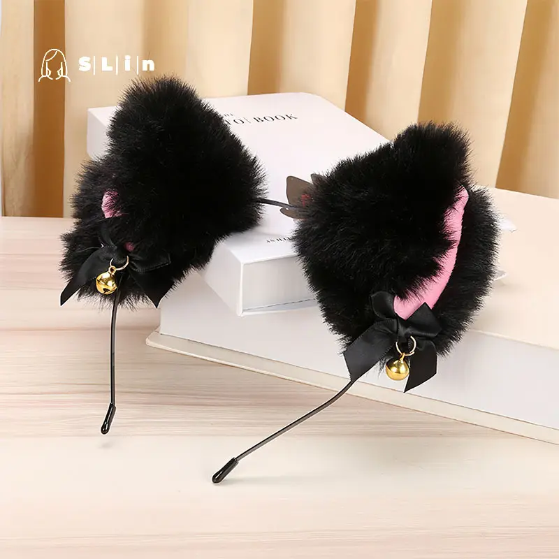 Black Faux Fur Cat Headband with Bell and Bow — feature 15