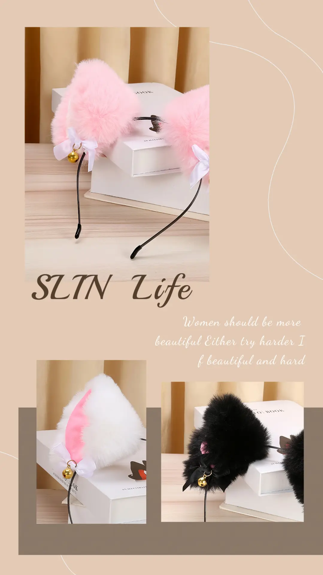 Black Faux Fur Cat Headband with Bell and Bow — feature 6