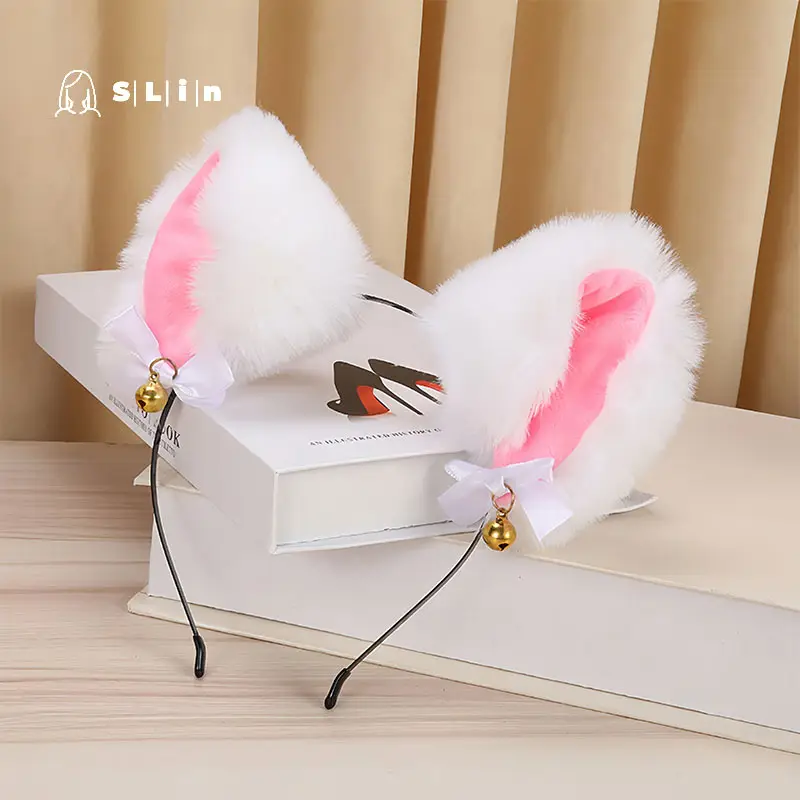 Black Faux Fur Cat Headband with Bell and Bow - Image 2