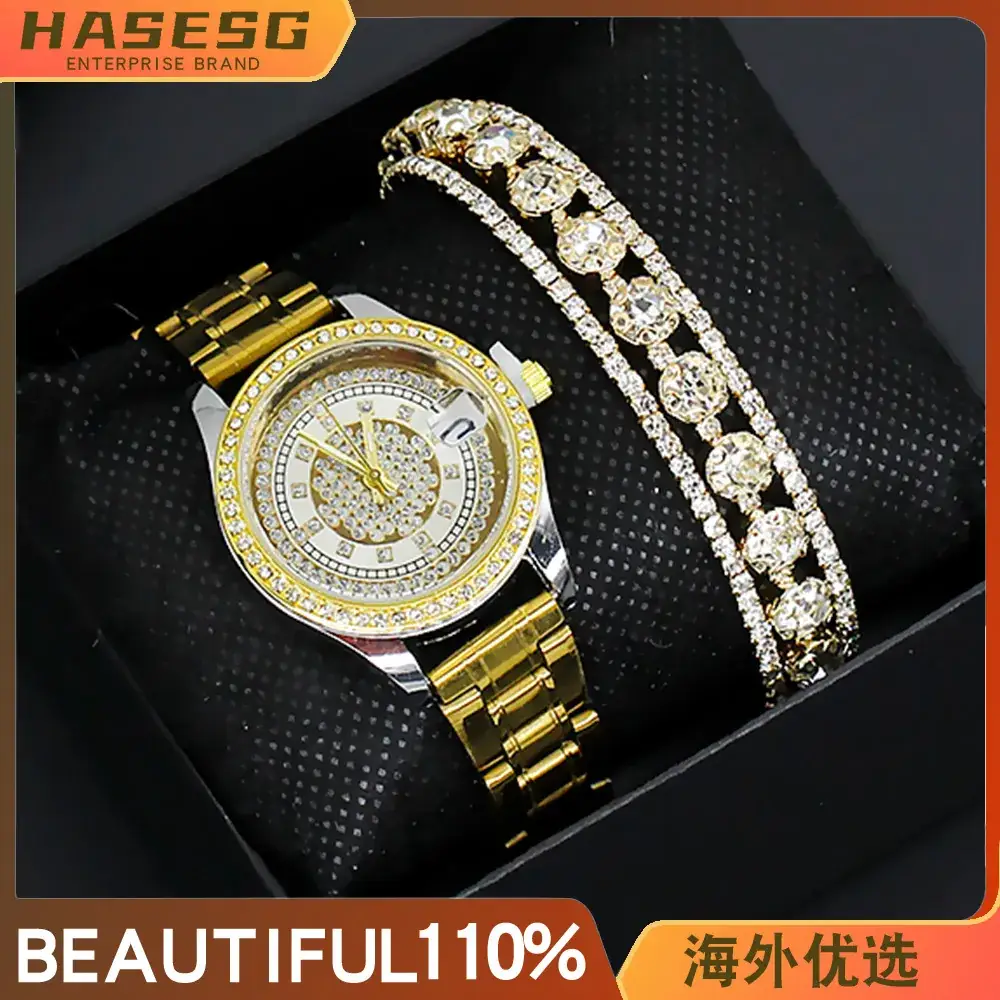 Diamond-Embedded Women's Bracelet Watch Set Gold Plated - Image 5