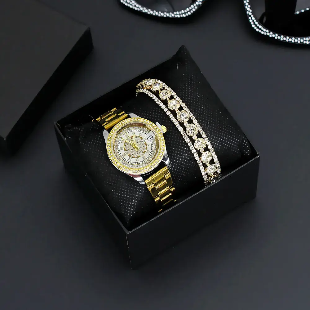 Diamond-Embedded Women's Bracelet Watch Set Gold Plated - Image 6