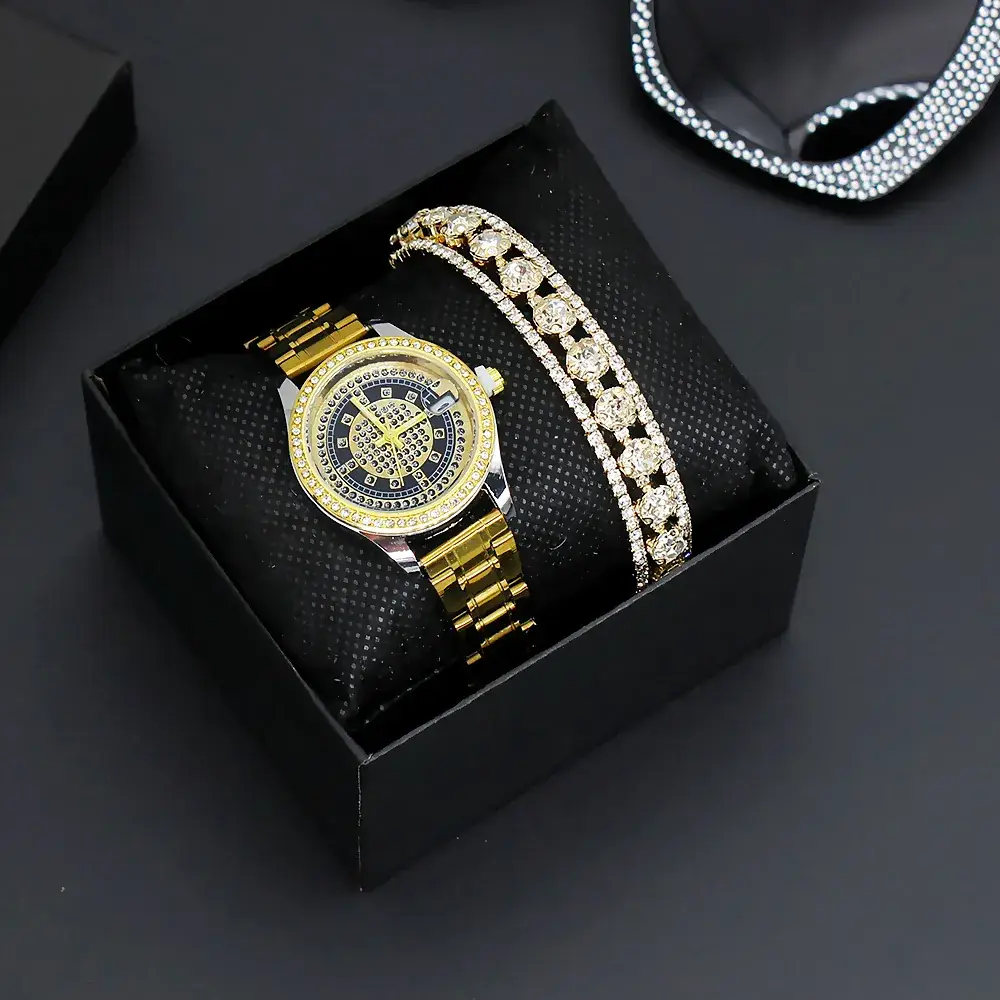 Diamond-Embedded Women's Bracelet Watch Set Gold Plated - Image 7