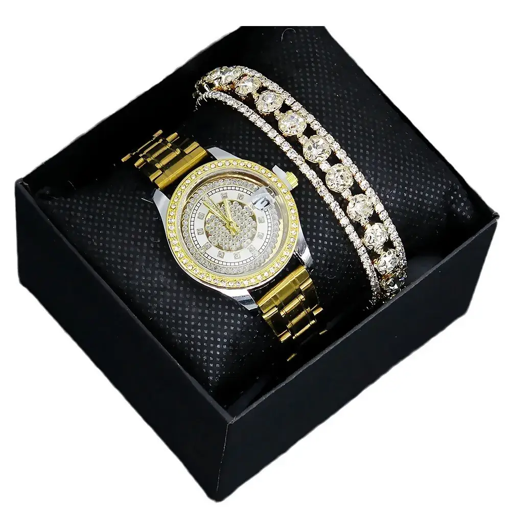 Diamond-Embedded Women's Bracelet Watch Set Gold Plated - Image 8
