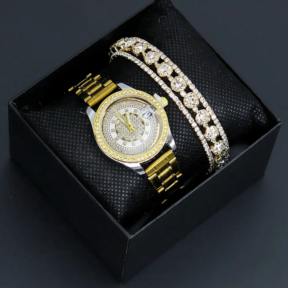 Diamond-Embedded Women's Bracelet Watch Set Gold Plated — feature 2