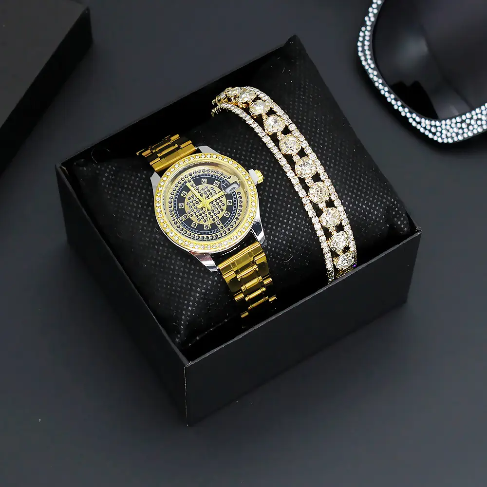 Diamond-Embedded Women's Bracelet Watch Set Gold Plated — feature 3