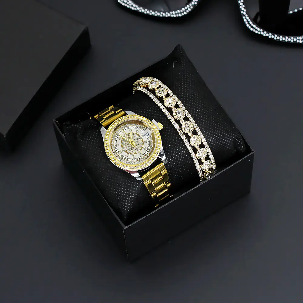 Diamond-Embedded Women's Bracelet Watch Set Gold Plated — feature 4