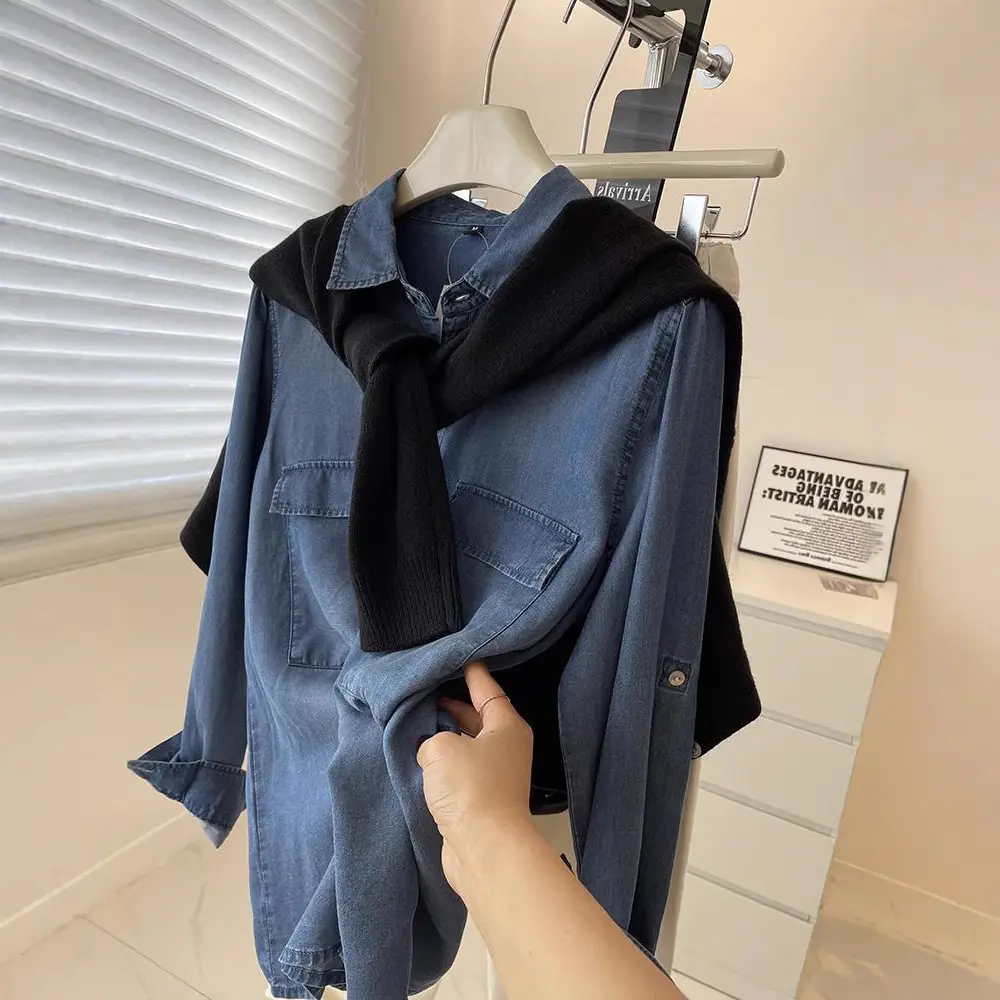Vintage Denim Shirt Women Slim Fit Spring Autumn