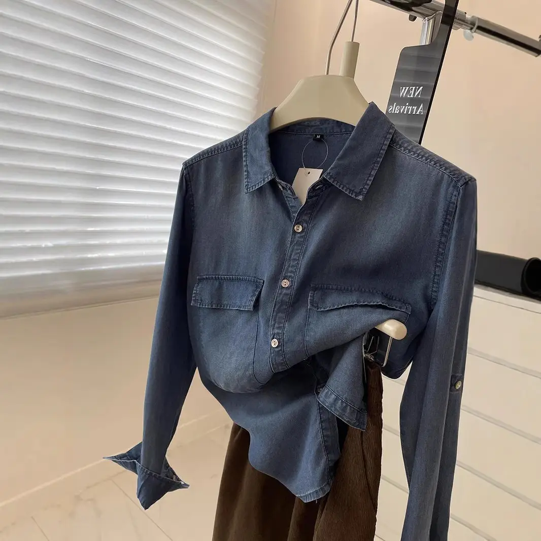 Vintage Denim Shirt Women Slim Fit Spring Autumn