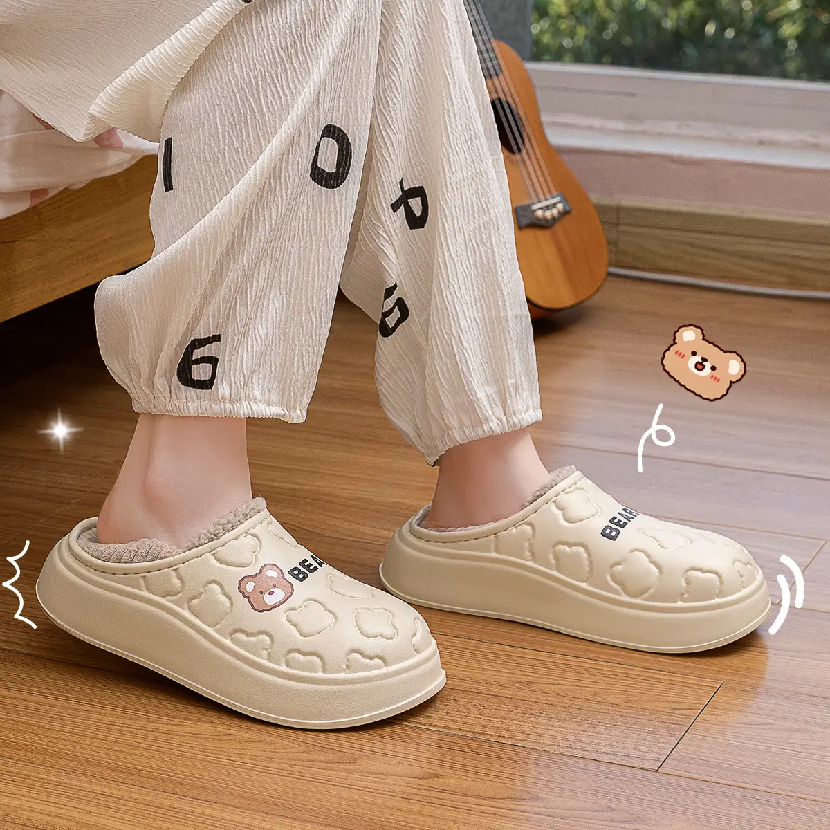 Cute Japanese Waterproof Cotton Slippers Women Winter Indoor Non-Slip Fleece - Image 5