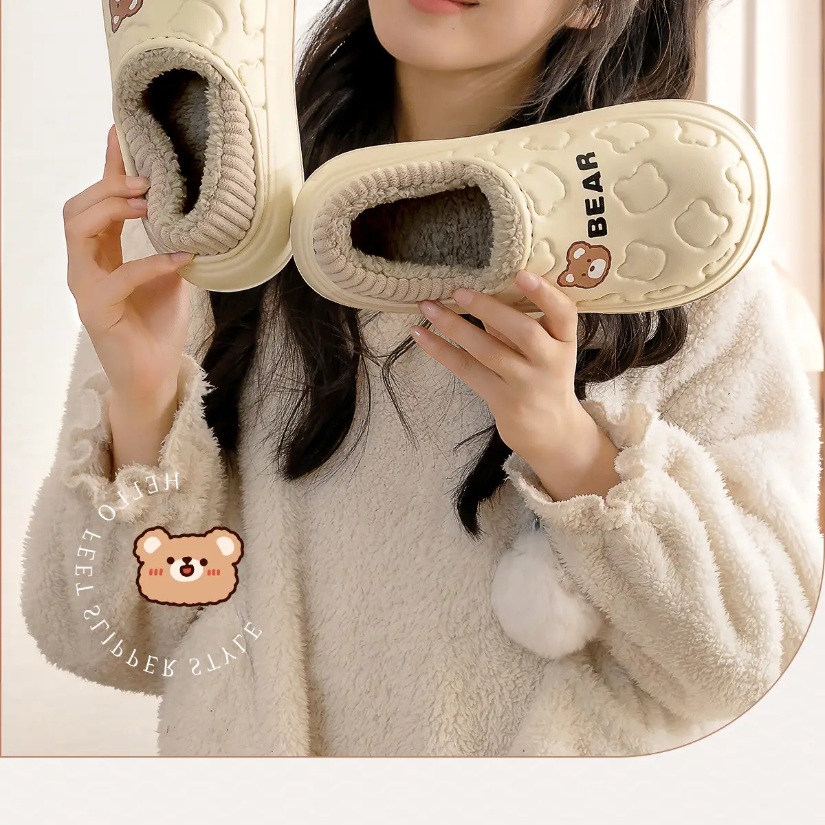 Cute Japanese Waterproof Cotton Slippers Women Winter Indoor Non-Slip Fleece — feature 2