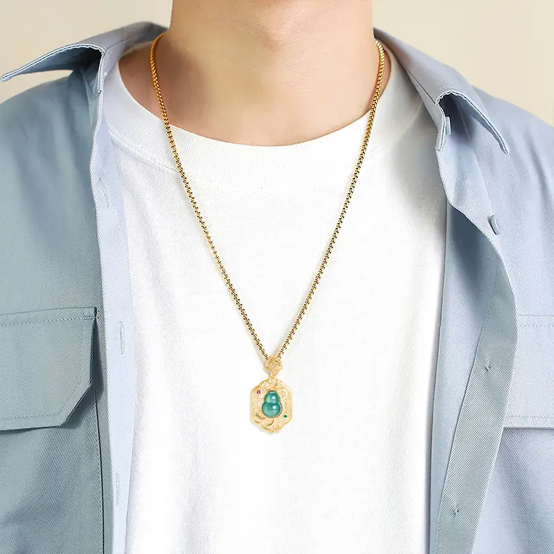 Copper Gold Plated Jade Blue Pendant Necklace for Women - Image 4