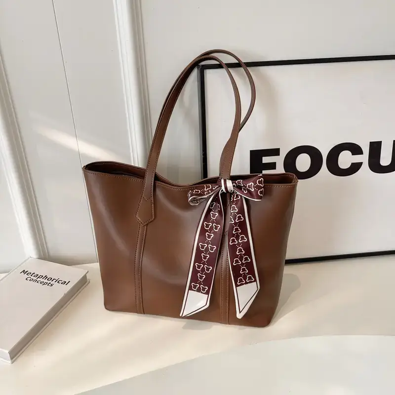 Brown Leather Women's Tote Bag with Bow 2023 - Image 2
