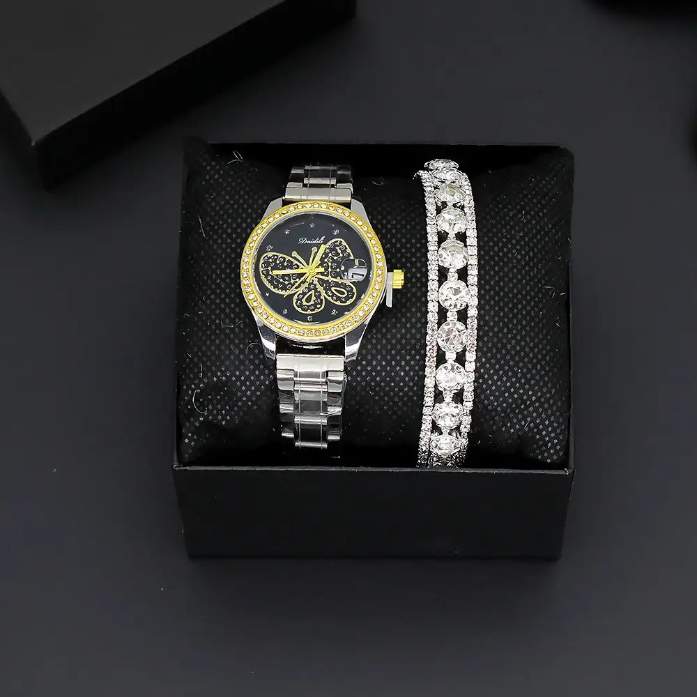 Women's Butterfly Watch with Gold Dial & Silver Band — feature 3
