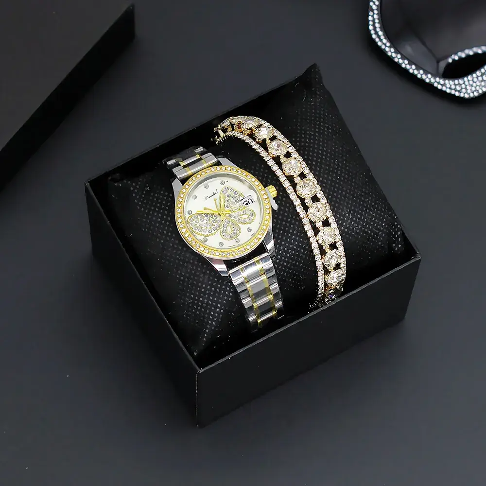 Women's Butterfly Dial Watch Silver Gold Chain - Image 2