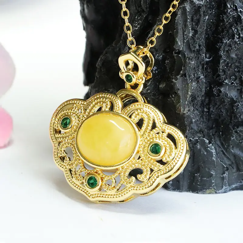 Yellow Amber Palace Pendant Necklace with Green Stones - Image 3