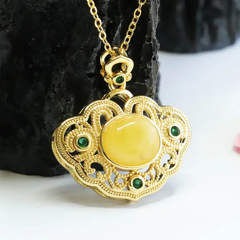 Yellow Amber Palace Pendant Necklace with Green Stones - Image 4
