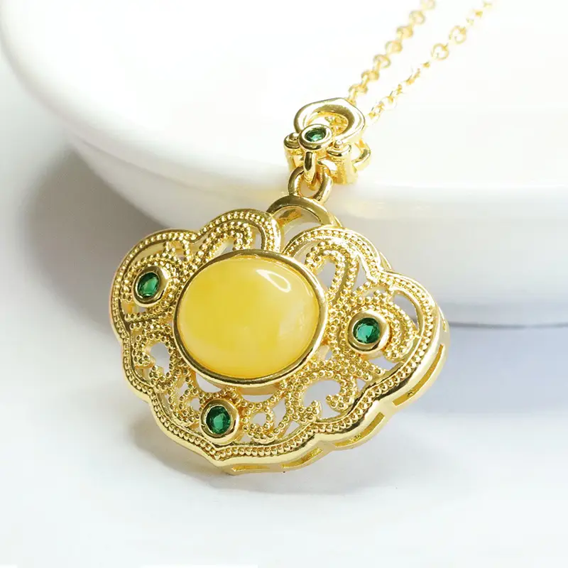 Yellow Amber Palace Pendant Necklace with Green Stones - Image 5