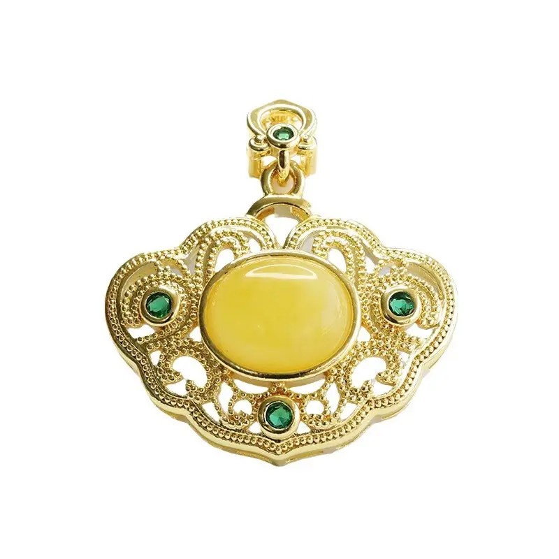 Yellow Amber Palace Pendant Necklace with Green Stones - Image 6