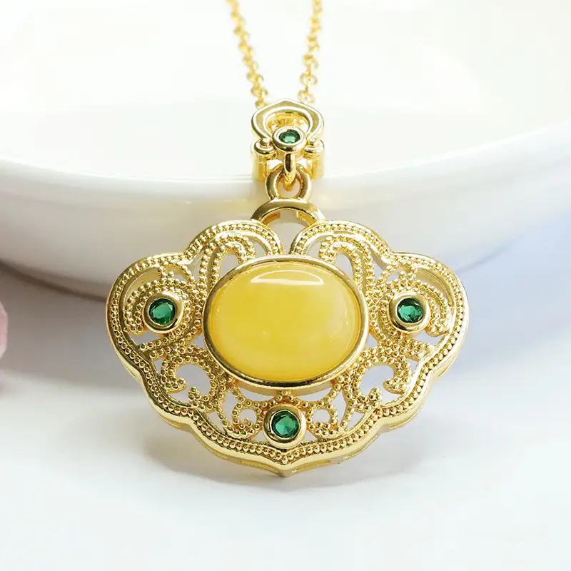 Yellow Amber Palace Pendant Necklace with Green Stones — feature 4