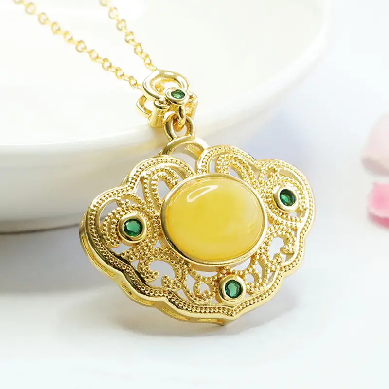 Yellow Amber Palace Pendant Necklace with Green Stones — feature 6