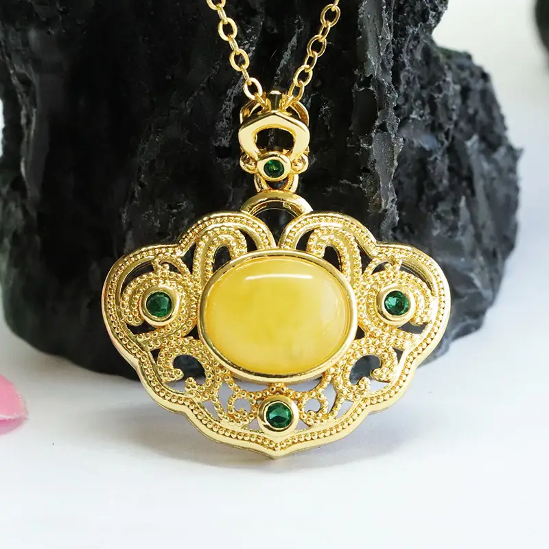 Yellow Amber Palace Pendant Necklace with Green Stones — feature 7