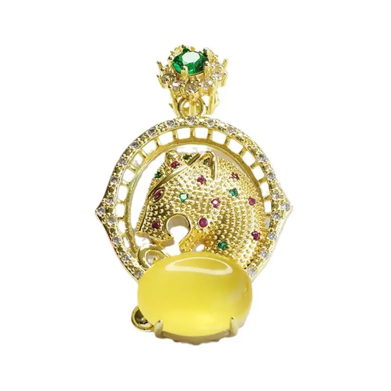 Guan Yu Pendant Necklace Yellow Amber Leopard Head Gold Plated - Image 6