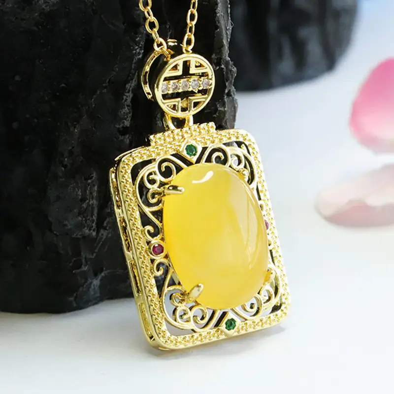 Guan Yu Yellow Amber Square Necklace Ethnic Gold - Image 4
