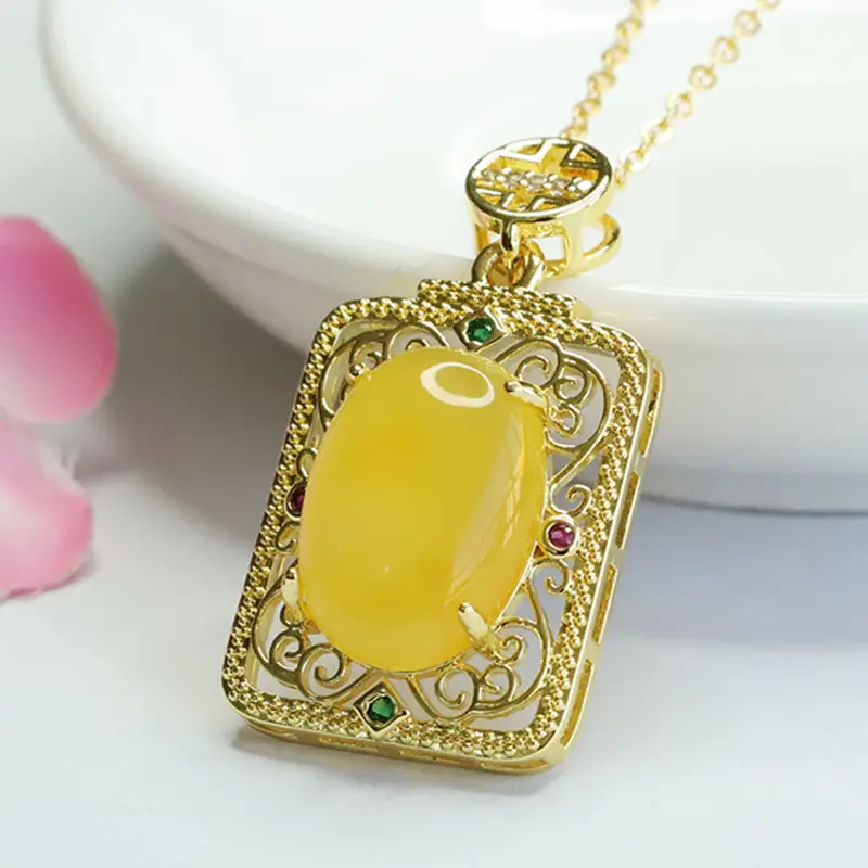 Guan Yu Yellow Amber Square Necklace Ethnic Gold - Image 5