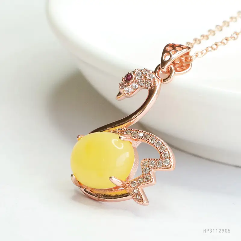 Swan Necklace with Yellow Honey Amber Pendant for Women - Image 3