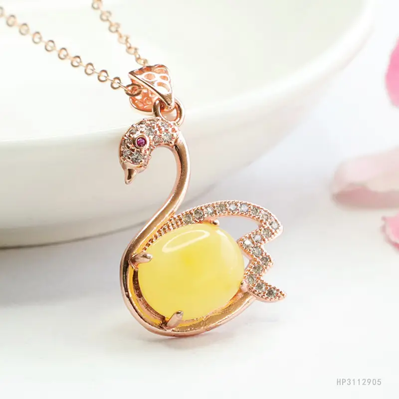 Swan Necklace with Yellow Honey Amber Pendant for Women - Image 4