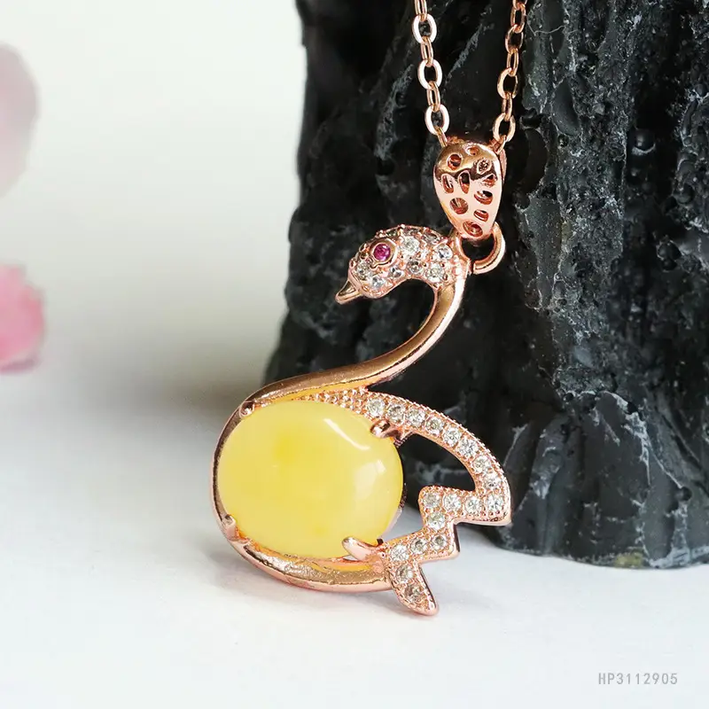 Swan Necklace with Yellow Honey Amber Pendant for Women - Image 5
