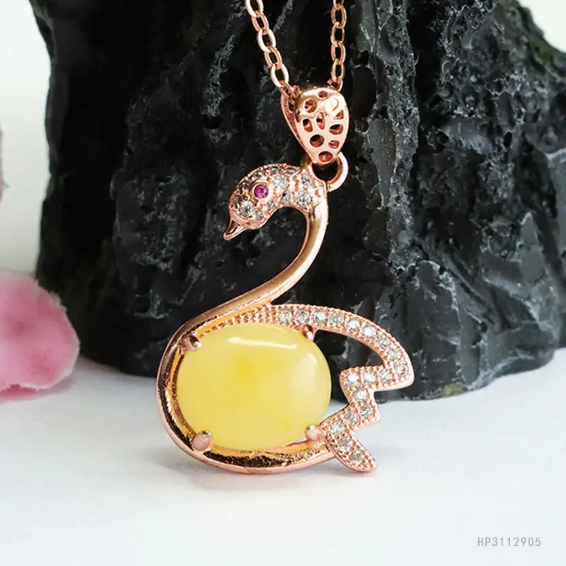 Swan Necklace with Yellow Honey Amber Pendant for Women — feature 7